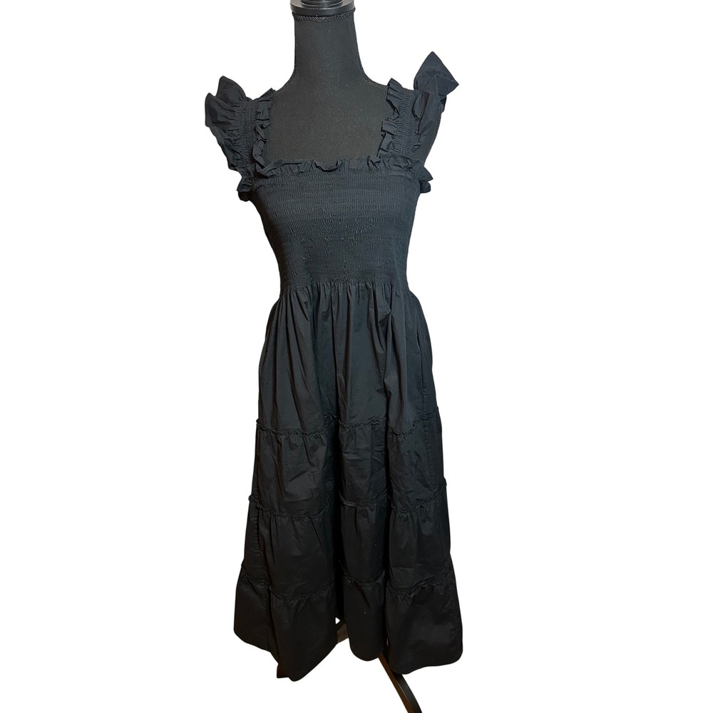 Hill House Home The Ellie Nap Dress Black Smocked Ruffle Tiered Midi Small